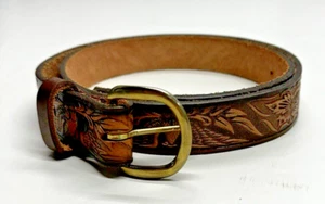 Dakota Leather Belt Eagles Flowers Size 36 Brass Buckle Western Boho - Picture 1 of 10