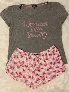 Tart Pajama Set Womens Size XL Grey Pink Hearts Stretchy Two Piece Set - Picture 1 of 10