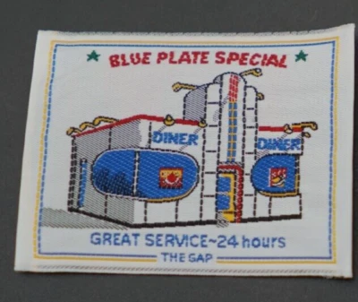 vtg. The Gap Blue Plate Special 24 Hour Service Diner Patch, jeans dish of t day - Image 1 of 2