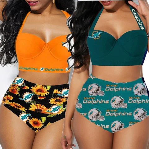 Miami Dolphins Women Summer Swimsuit 2PCS High Waist Bikini Set Push Up Swimwear Cover