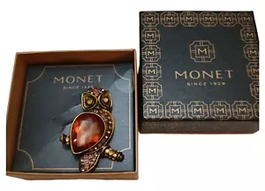Vintage Monet Owl  Amber Color With  Pink Rhinestone Brooch Pin New In Box - Picture 1 of 5