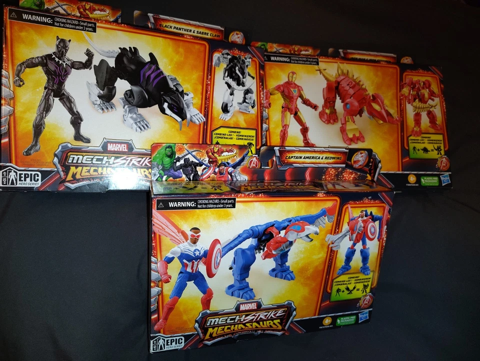 Lote de 3 Mechasurs Marvel Mech Strike Pantera Negra Capitão América Homem de Ferro - Imagem 1 de 2