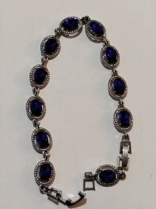 925 Sterling Silver Blue Oval Lab-Created Sapphire Bracelet Bangle 7-8" - Picture 1 of 2
