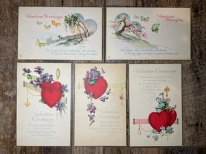 Valentine Postcard Lot Of 5 Antique Early 1900s Hearts & Flowers - Picture 1 of 10