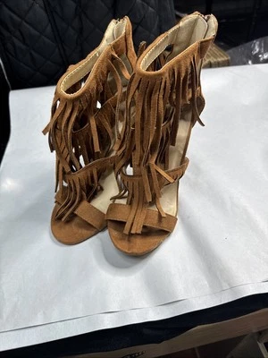 Tacones Wild Diva Talla 8 Marrón Imitación Gamuza Flecos Stiletto Punta Abierta Cremallera Plataforma Foto 1 de 4