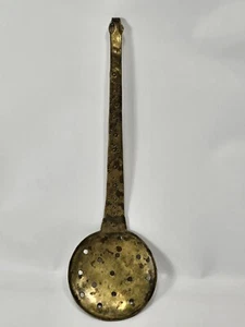Vintage Brass Copper Long Handled Round Frying Ladle Spoon Strainer Skimmer 13" - Picture 1 of 13