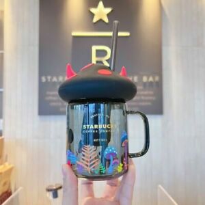 HOT Starbucks Black Halloween Mushroom Tumbler Mason Straw Cup W/ Coaster Topper