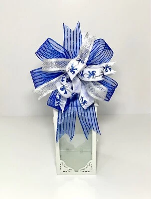 LARGE CHRISTMAS DECORATION 3 RIBBON BLUE BOW ELEGANT STUNNING WREATH PACKAGE  - Image 1 of 4