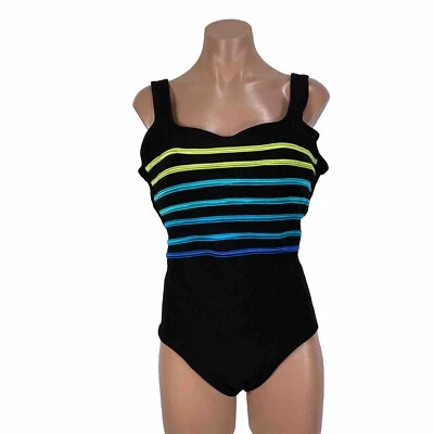 Vintage 90s Longitude Black Bright Striped One Piece Bathing Swim Suit Sz 14 - Image 1 of 4
