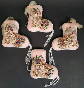 Handmade Pink Velvet Bead Embroidery Christmas Ornament Ribbon Bootie Set Of 4 - Picture 1 of 15