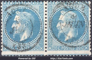 FRANCE EMPIRE LAURÉ 20c BLEU PAIRE N°29A AVEC CACHET A DATE DE AGDE - Picture 1 of 2