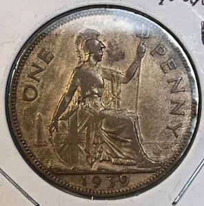 Great Britain 1939 One 1 Penny AU Condition Bronze Toned Coin KM#845 - Picture 1 of 7