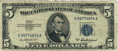 1953A 5$ Silver Certificate - Blue Seal - IBP/RBA E05774874A - #13603 - Image 1 of 2