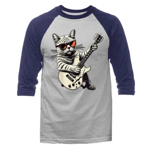 Cat Playing Guitar Rock Music Band Funny Animals Kitty 3/4 Sleeve Raglan - Picture 1 of 10