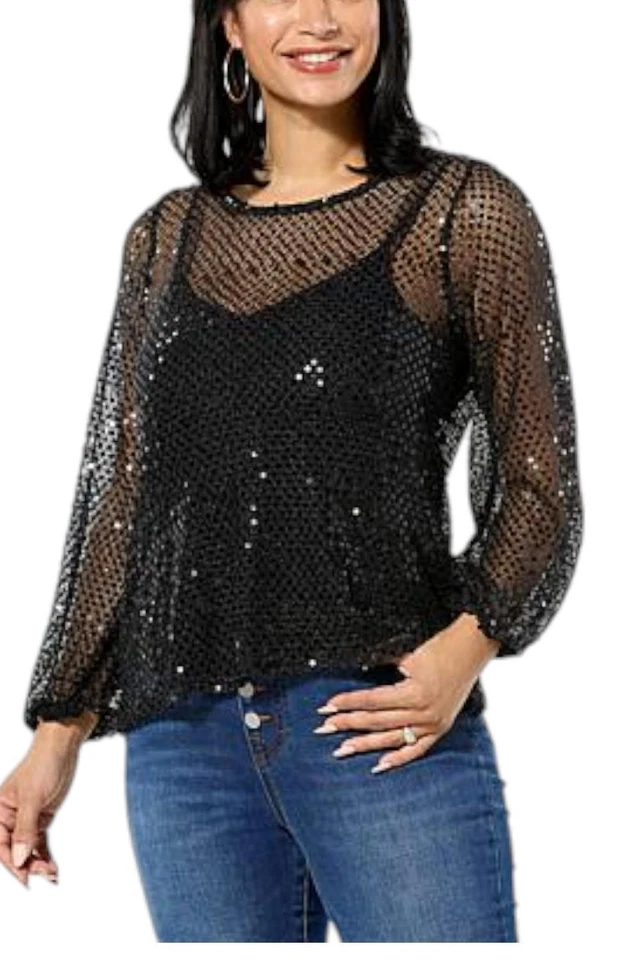 Top de mujer DG2 manga linterna lentejuelas con cami negro Foto 1 de 1