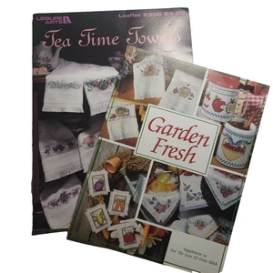 Tea Towel Cross Stitch Leaflet Book Patterns Lot of 2 Garden Fruits and Florals - Picture 1 of 6