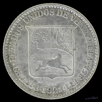 VENEZUELA 1/4 Bolivar (25 Céntimos) 1921 - Key Date - Low 2 Variant - Y#20 - AU - Image 1 of 2