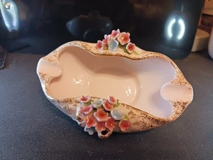 Lefton China Handpainted Pink Ashtray Oval 3D Pink & Blue Floral Gold Specks - Picture 1 of 8