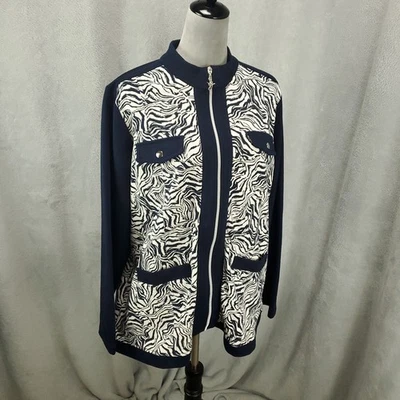 Chaqueta para mujer Susan Graver 1X azul marino blanco geométrica cremallera completa elástica Foto 1 de 4
