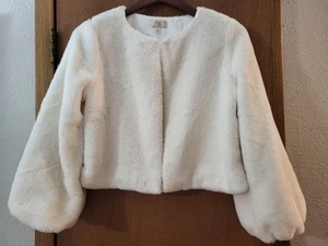 GB girls Blouson Sleeve Topper Jacket White Faux Fur Junior Size XL - Picture 1 of 9