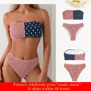 Women's Strapless Bandeau Bikini Swimsuit Two Piece American Flag Striped Bathin - Picture 1 of 10