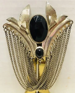 Vintage Costume Jewelry Brooch Silver Colored Metal w/ Black Faux Stone - Picture 1 of 8