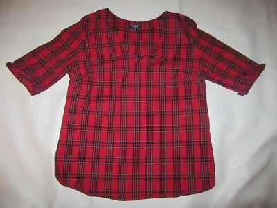 Womens IZOD Cotton Blouse Red Tartan Plaid 3/4 Sleeve V Neck Top S/P Small - Image 1 of 4