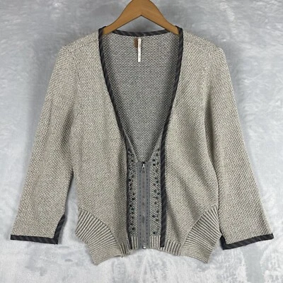 Free People Women Sweater Medium Gray Cardigan Zip Up 3/4 Sleeve Bead Boho Crop - Image 1 of 4