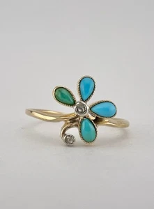 Antique Victorian 14k Yellow Gold Turquoise & Rose Cut Diamond Flower Ring - Picture 1 of 8