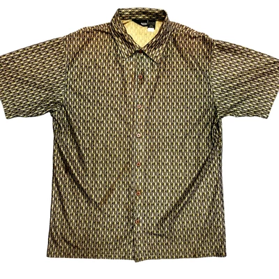 Camisa DE COLECCIÓN Odo Para Hombres L Marrón Manga Corta Geométrica Años 80 Patrón Abotonable  Foto 1 de 4