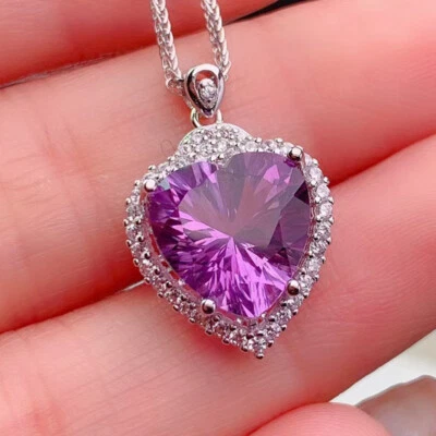 Classical Heart Shaped Charm Purple Amethyst Gems Women Silver Necklace Pendants - Image 1 of 4