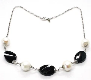 Collar Plata 925 , Ónix Negro Ovalados Facetada, Perlas, 44CM, Cadena Rolo - Imagen 1 de 7