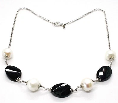 Collar Plata 925 , Ónix Negro Ovalados Facetada, Perlas, 44CM, Cadena Rolo - Imagen 1 de 4