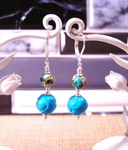 Beautiful Sterling Silver Cloisonne & Carved Jasper Lever-back Earrings Lot# S5 - Picture 1 of 1