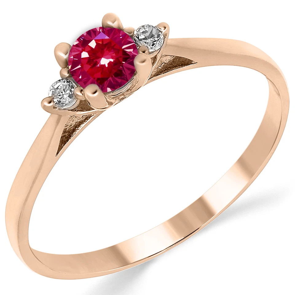 Anillo de compromiso de tres piedras de rubí creado en laboratorio de oro rosa macizo de 14K Foto 1 de 4