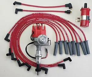 FORD 351C 429 460 SMALL CAP HEI DISTRIBUTOR + COIL + RED 8.5mm SPARK PLUG WIRES - Picture 1 of 3