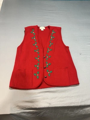 De Colección Tally-Ho Pollak Rojo Navidad Acebo Sin Mangas Suéter Cárdigan Chaleco M Foto 1 de 4