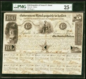 REPUBLIC OF TEXAS 100 $ Government 8% Bond 1841-1846 Banknote LOW SERIAL # PMG 25 - Bild 1 von 13