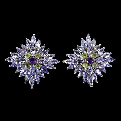 925 Sterling Silver Earrings Marquise Tanzanite Amethyst Natural Gemstone Jewelr - Image 1 of 4