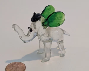 Vintage 70er Jahre Miniatur mundgeblasenes Glas Elefant erhöhter Rüssel Figur klar & grün - Bild 1 von 7