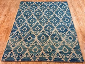 Alfombra de lana Kilim afgana/turca vintage multicolor hecha a mano genuina, 202x195 CM - Imagen 1 de 9