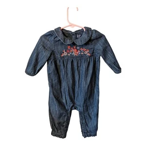 Baby Gap Denim Infant Girls 3-6 Months Long Sleeve Floral Embroidered Romper 1Pc - Picture 1 of 4