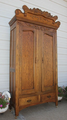 Antique 1910s Fancy Oak Wardrobe Armoire Closet wKey Eckhoff Furn Co St Louis MO Cover