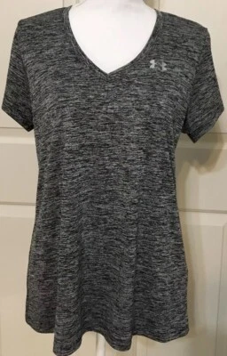 Under Armour L grey black loose heat gear short sleeve v-neck top women's - Image 1 of 4