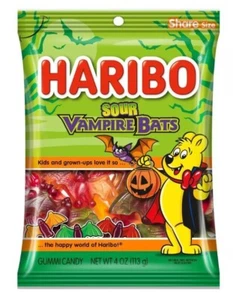 Haribo SOUR VAMPIRE BATS Gummi Candy 4 oz Share Size Fruit Gummy ** BB 8/2025 ** - Picture 1 of 3