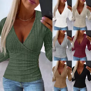 Women Sexy Slim Fit Blouse T Shirt Ladies Long Sleeve V Neck Pullover Tops Size - Picture 1 of 24