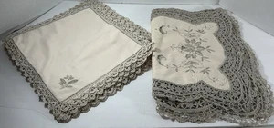 Vintage Taupe Colored Cotton Crochet & Embroidered 6 Placemats & 12 Napkins - Picture 1 of 3