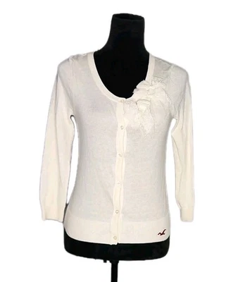 Hollister Y2K Vintage Cream Off White Lace Bow Details Cardigan Sweater Size M - Image 1 of 4