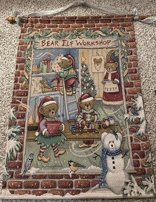 Vintage Christmas Bear Elf Workshop Tapestry Wall Hanging - Image 1 of 4