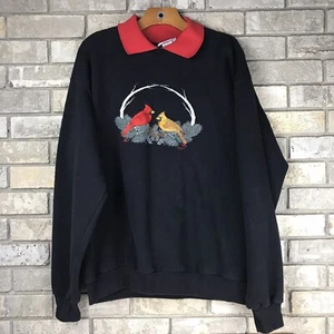 Vintage 90s Artisans Graphic Size Large Pullover Sweatshirt with Collar Birds  - Picture 1 of 7
